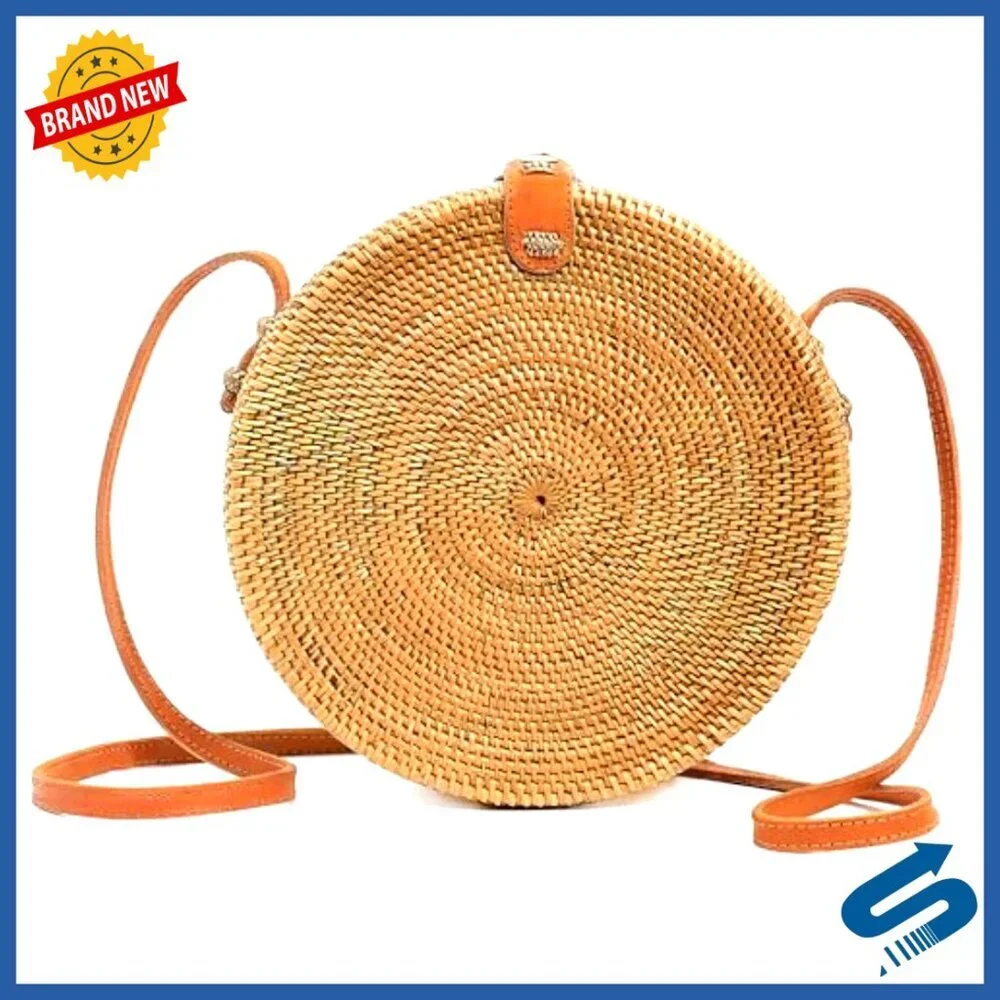 Round Rattan Crossbody Bag Handwoven Wicker Purse Summer Boho Chic
